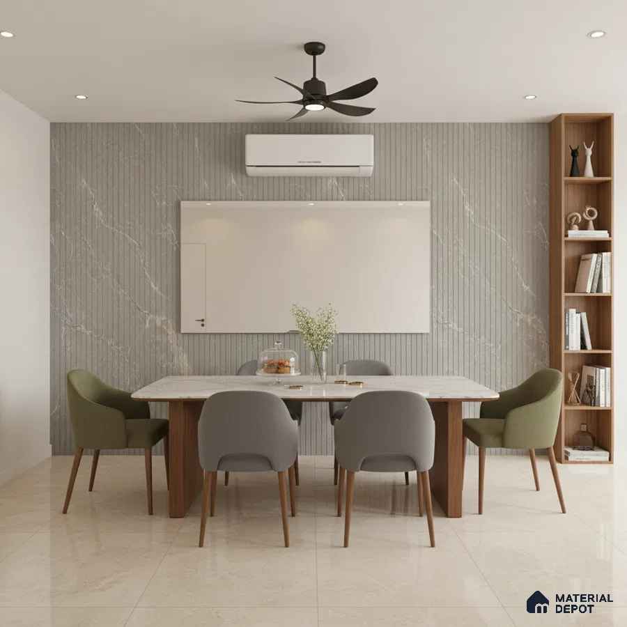 Modern dining room with marble-look fluted wall panels and beige marble floor tiles