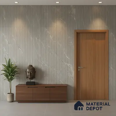 Modern foyer with grey marble fluted wall panels and walnut brown laminate console