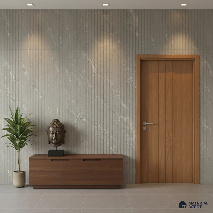 Modern foyer with grey marble fluted wall panels and walnut brown laminate console