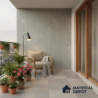Scandinavian balcony with grey marble fluted wall tiles and beige stone floor tiles