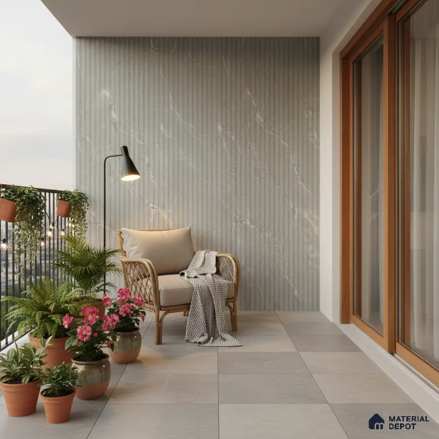 Scandinavian balcony with grey marble fluted wall tiles and beige stone floor tiles