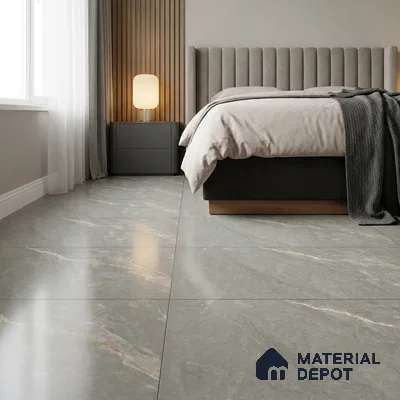 Modern Bedroom with Glossy Grey Marble-Look Floor Tile
