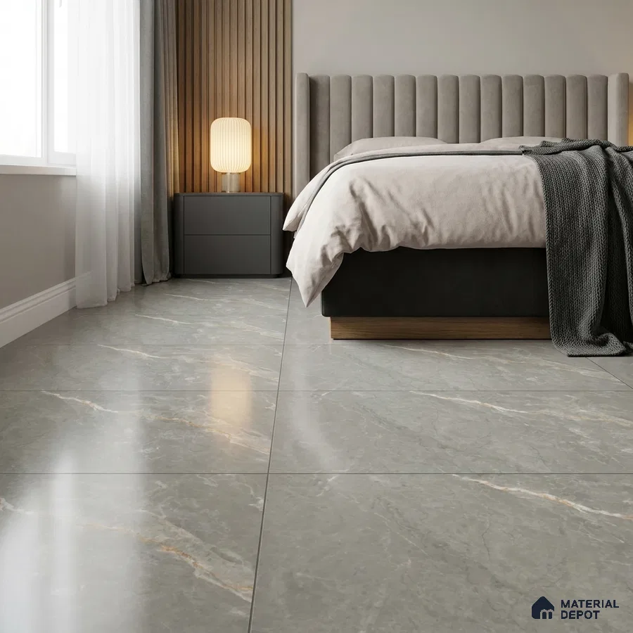 Modern Bedroom with Glossy Grey Marble-Look Floor Tile