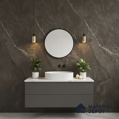 Modern bathroom with dark marble wall tiles and white marble countertop vanity
