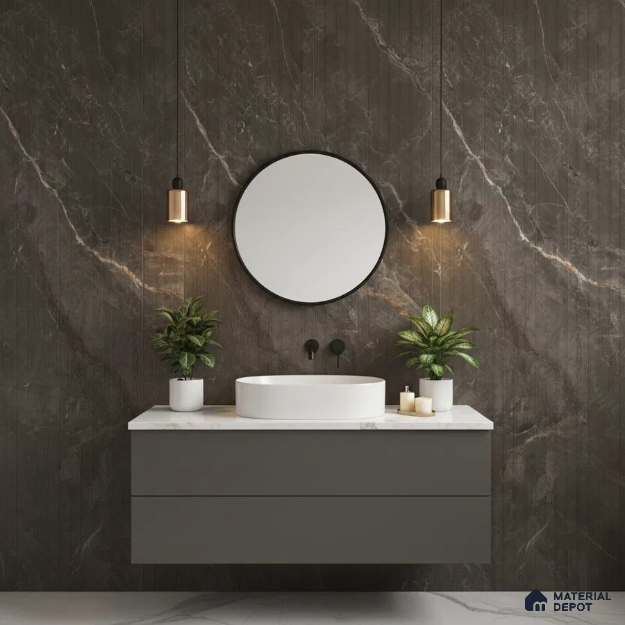 Modern bathroom with dark marble wall tiles and white marble countertop vanity