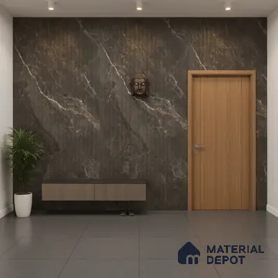 Modern foyer with dark marble-look fluted wall panels and floating wooden laminate console