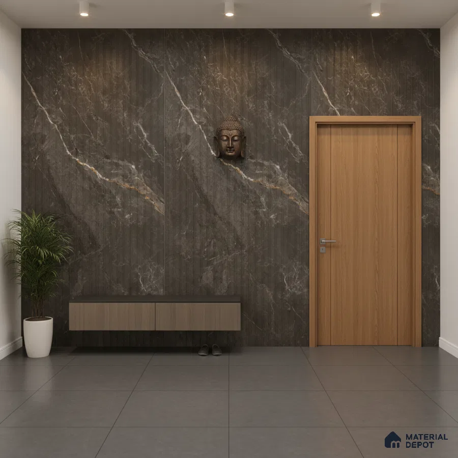 Modern foyer with dark marble-look fluted wall panels and floating wooden laminate console