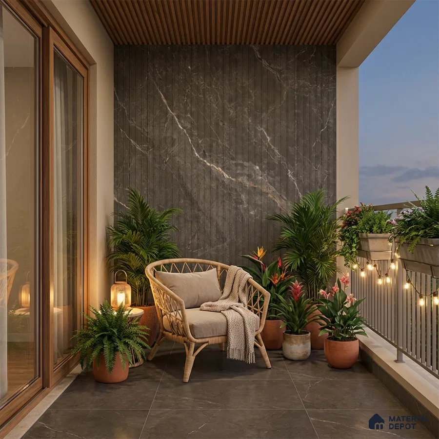 Modern balcony with grey marble wall tile, wooden ceiling louvers, and stone-look floor tiles