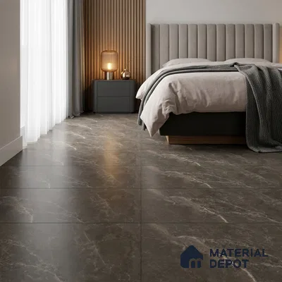 Modern Bedroom with Dark Brown Marble-Look Floor Tile