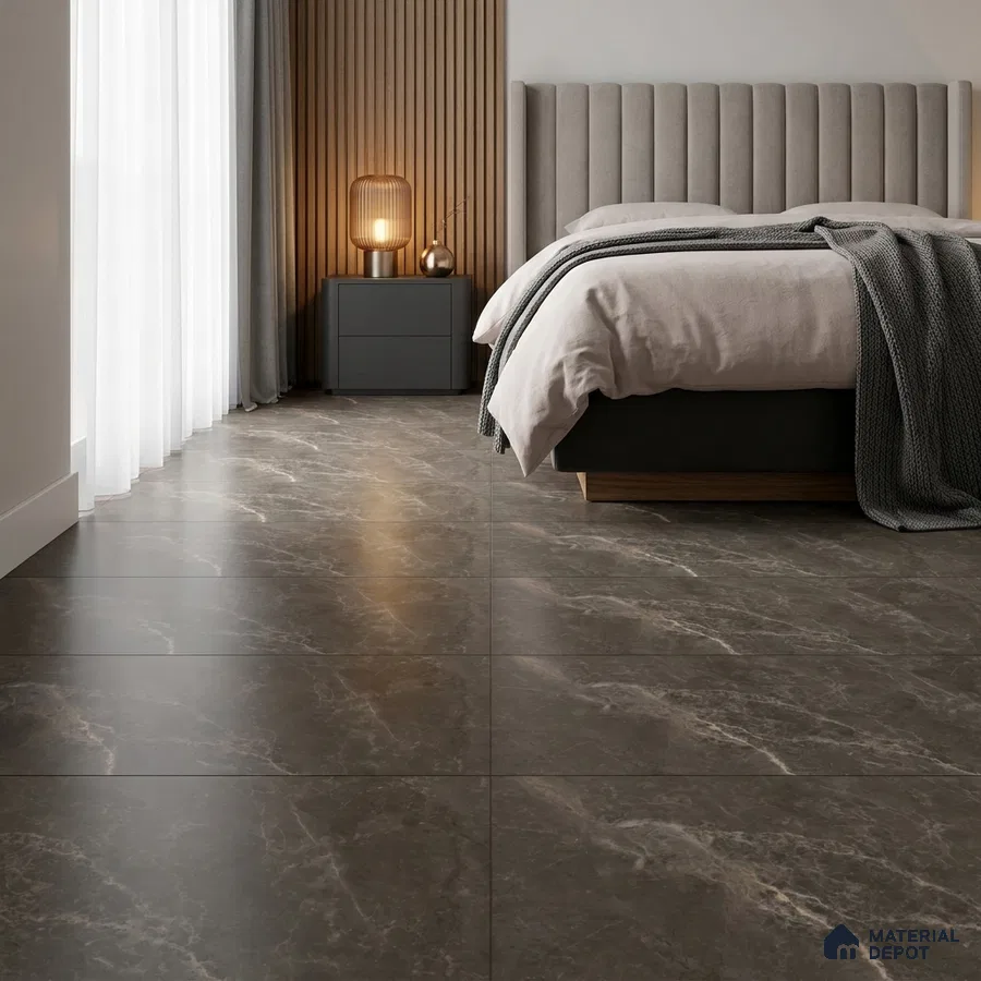 Modern Bedroom with Dark Brown Marble-Look Floor Tile