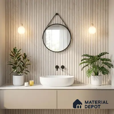 Minimalist bathroom with beige fluted wall tiles and white marble countertop