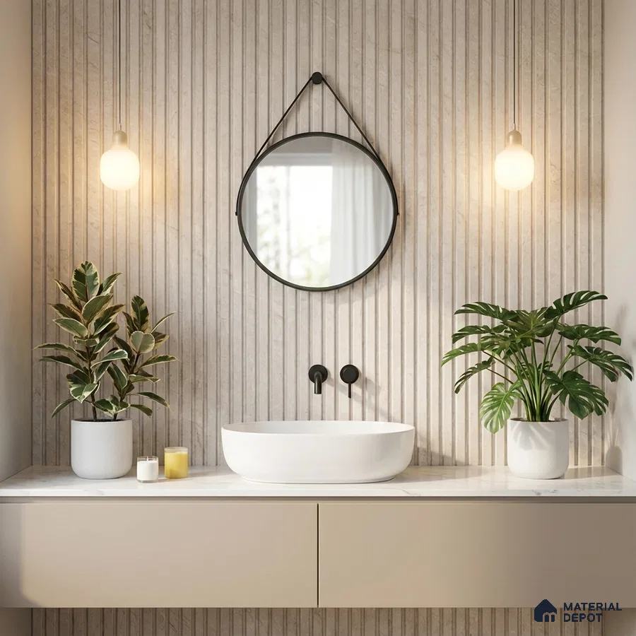 Minimalist bathroom with beige fluted wall tiles and white marble countertop