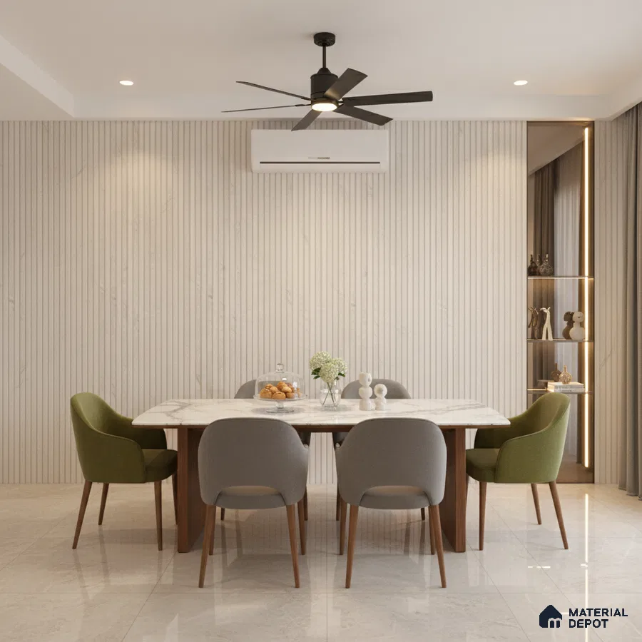 Minimalist dining room with marble dining table, fluted beige wall panels, and glossy marble floor tiles
