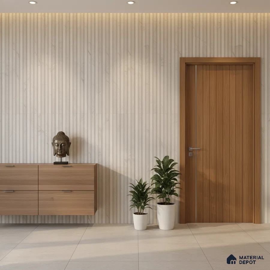 Modern foyer with light wood laminate console, fluted marble wall panels, and beige floor tiles