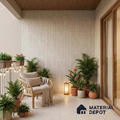Scandinavian balcony with beige fluted wall panels, light wood ceiling louvers, and stone-look floor tiles