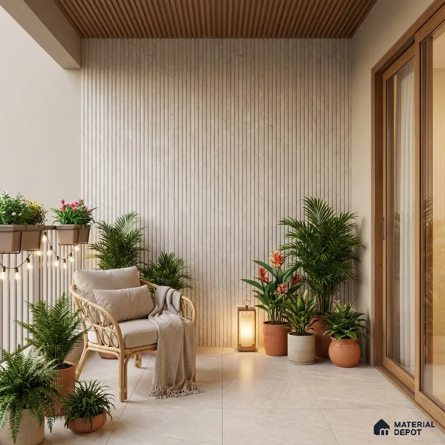 Scandinavian balcony with beige fluted wall panels, light wood ceiling louvers, and stone-look floor tiles