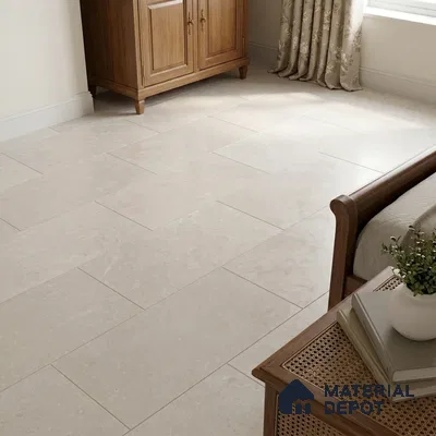 Traditional Bedroom with Ivory Limestone-Look Floor Tile