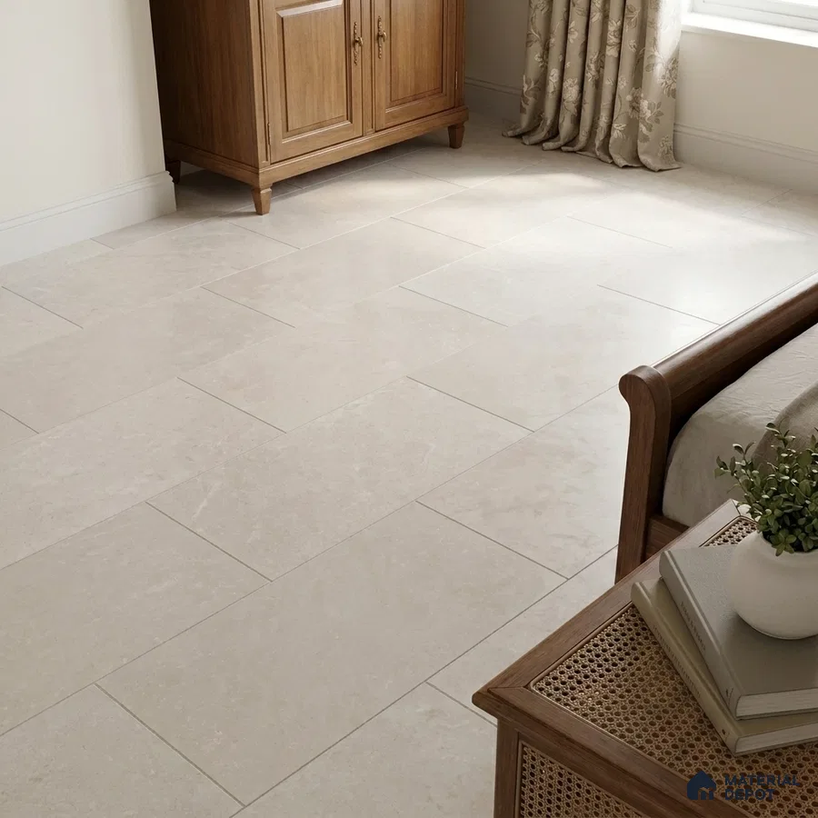 Traditional Bedroom with Ivory Limestone-Look Floor Tile