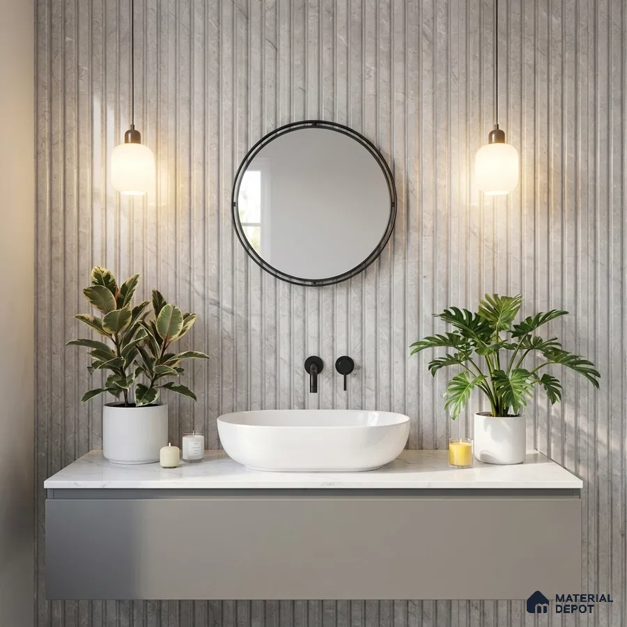 Minimalist bathroom with grey fluted marble wall tiles and white quartz countertop