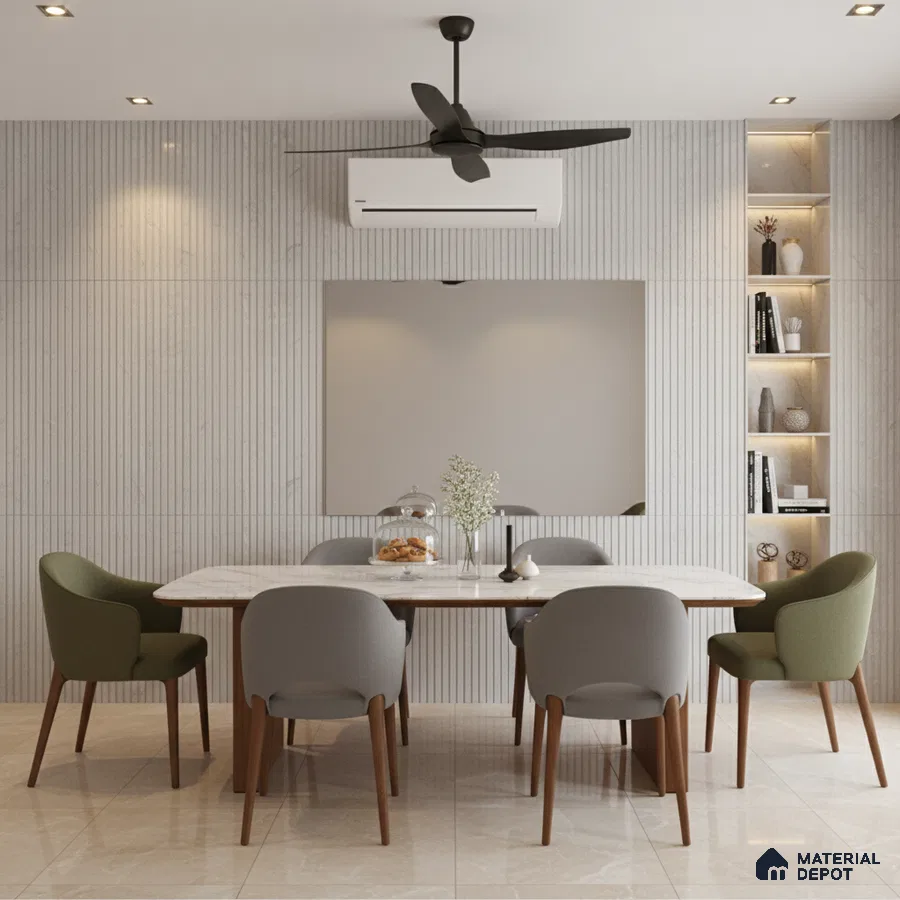 Modern dining room with marble dining table, fluted wall panels, and beige marble floor tiles
