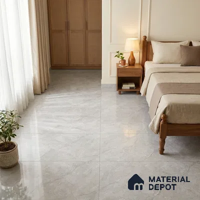 Traditional Bedroom with Glossy Grey Marble-Look Floor Tile