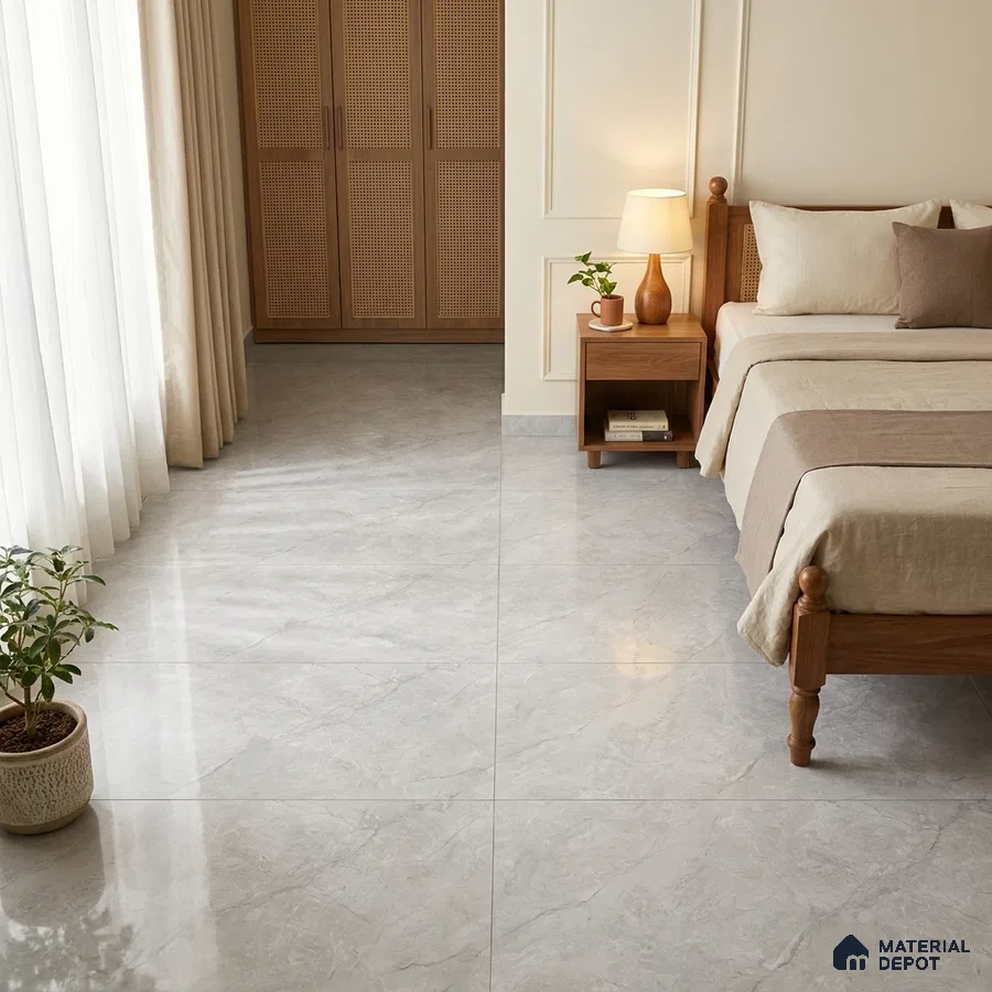 Traditional Bedroom with Glossy Grey Marble-Look Floor Tile