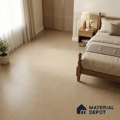 Minimalist Bedroom with Warm Beige Matte Cement-Look Floor Tile