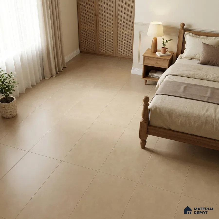 Minimalist Bedroom with Warm Beige Matte Cement-Look Floor Tile