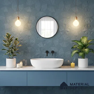 Modern bathroom with blue geometric 3D wall tiles and matte blue vanity