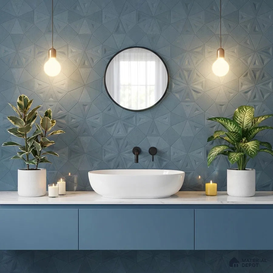 Modern bathroom with blue geometric 3D wall tiles and matte blue vanity