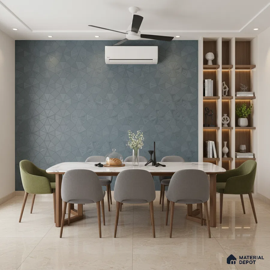 Modern dining room with blue geometric 3D wall panels, marble dining table, and beige marble floor tiles