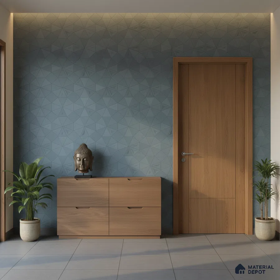 Modern foyer with geometric blue wallpaper, light oak laminate console, and grey floor tiles