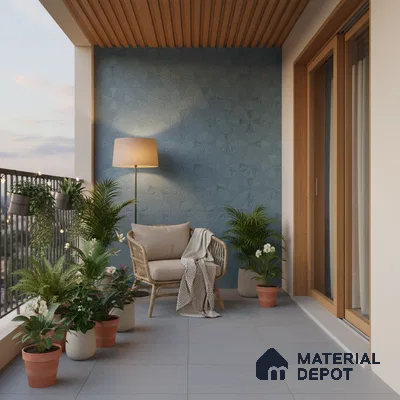 Scandinavian balcony with geometric blue wall tile, light grey floor tile, and wooden ceiling louvers