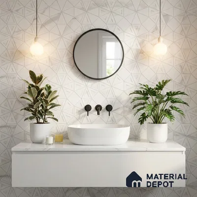 Minimalist bathroom with geometric patterned wall tiles and white marble countertop