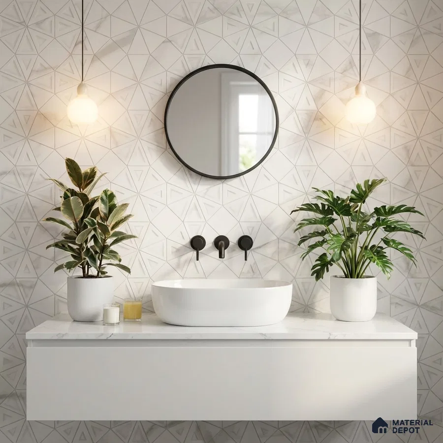 Minimalist bathroom with geometric patterned wall tiles and white marble countertop