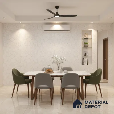 Modern dining room with geometric wallpaper, marble dining table, and beige floor tiles