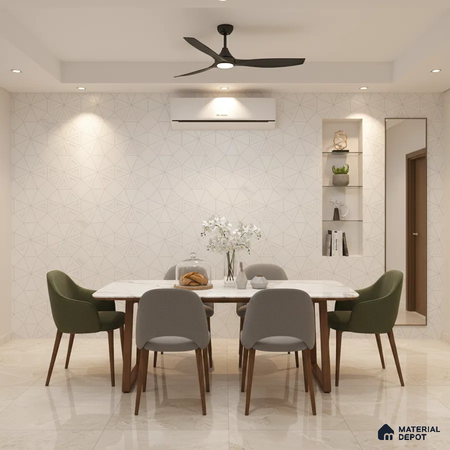 Modern dining room with geometric wallpaper, marble dining table, and beige floor tiles