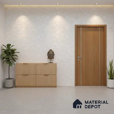 Modern foyer with light oak laminate cabinet, geometric white wall panel, and grey floor tiles