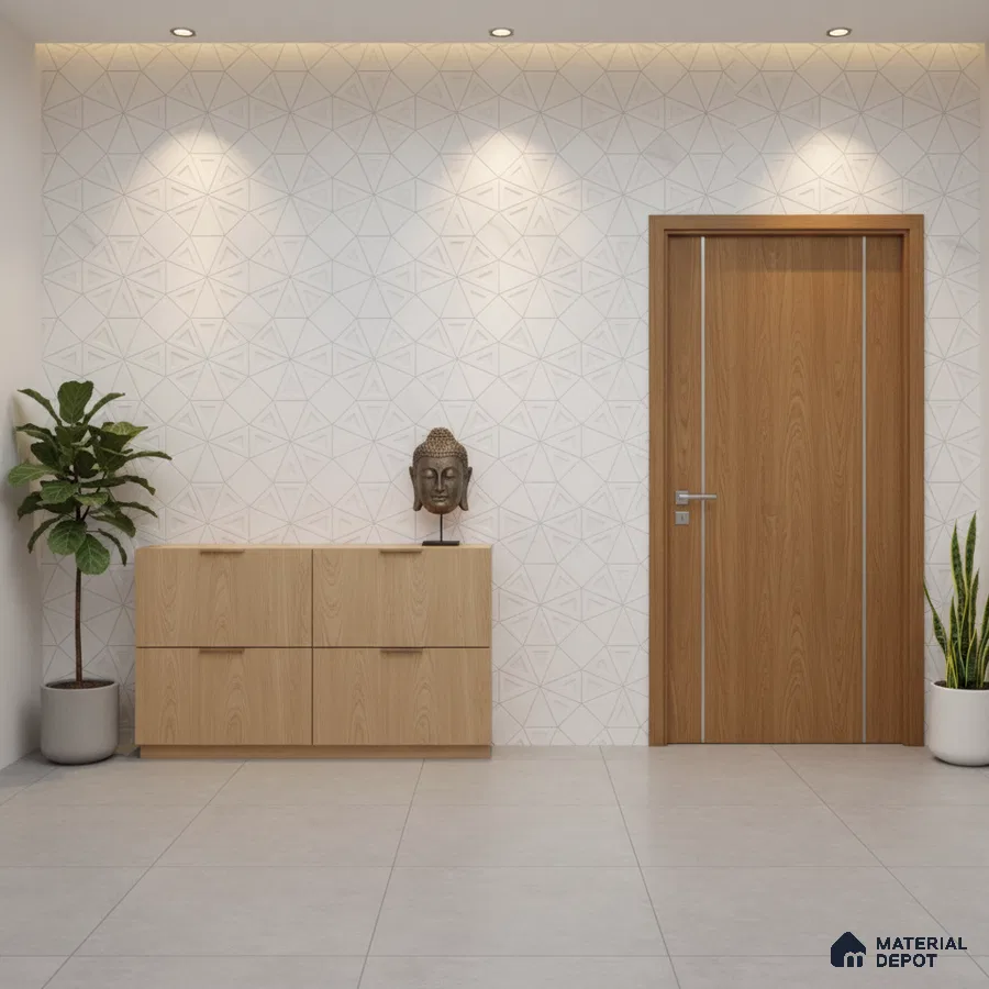 Modern foyer with light oak laminate cabinet, geometric white wall panel, and grey floor tiles