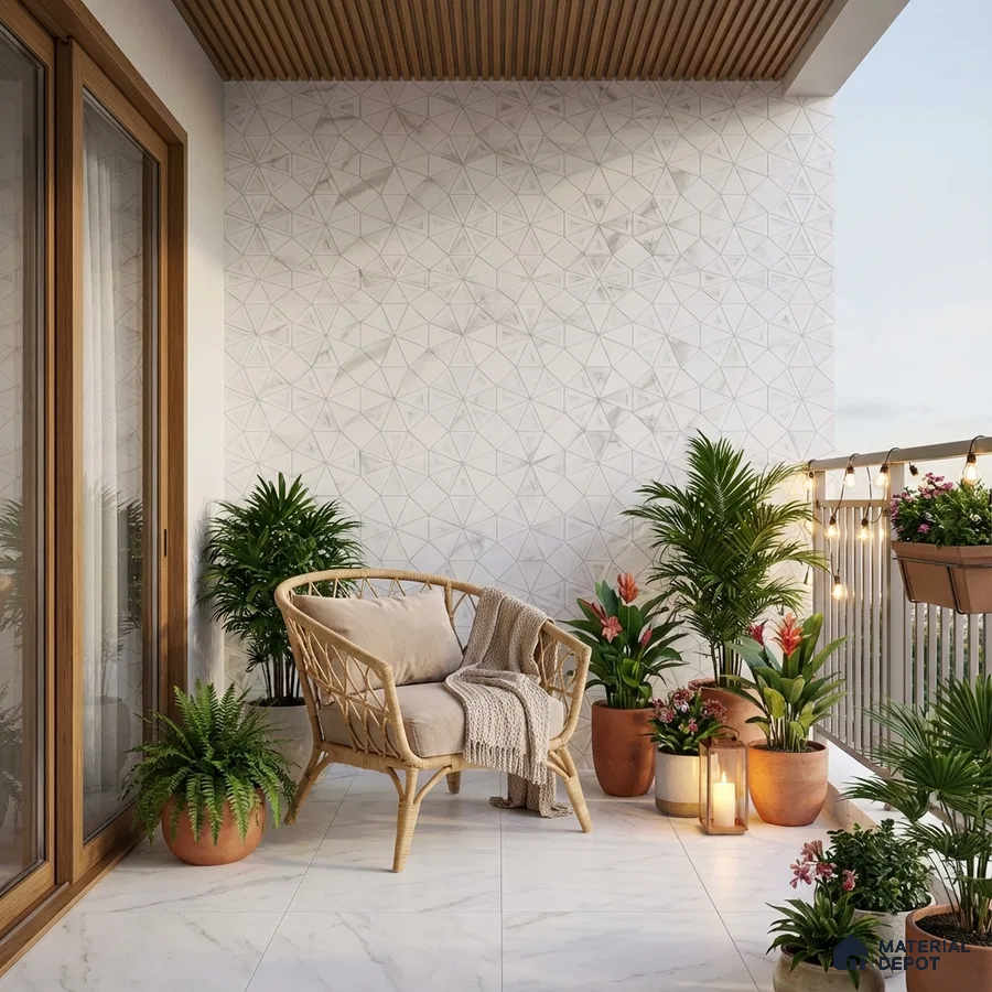 Scandinavian balcony with geometric white wall tiles, marble-look floor tiles, and wooden ceiling louvers