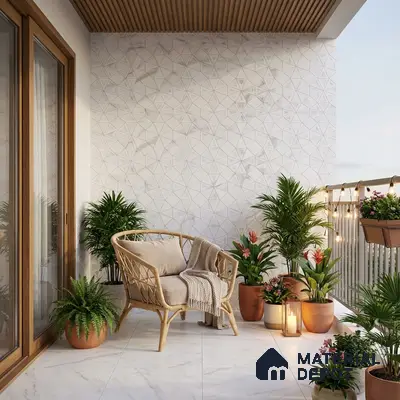 Scandinavian balcony with geometric white wall tiles, marble-look floor tiles, and wooden ceiling louvers