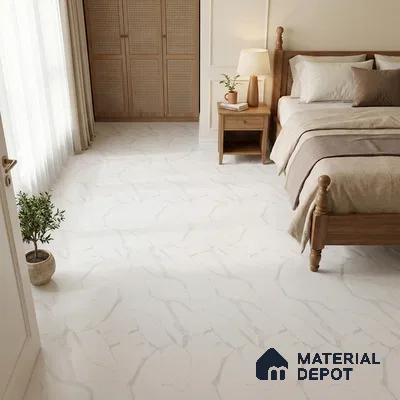 Minimalist Bedroom with Frosty White Matte Marble-Look Floor Tile