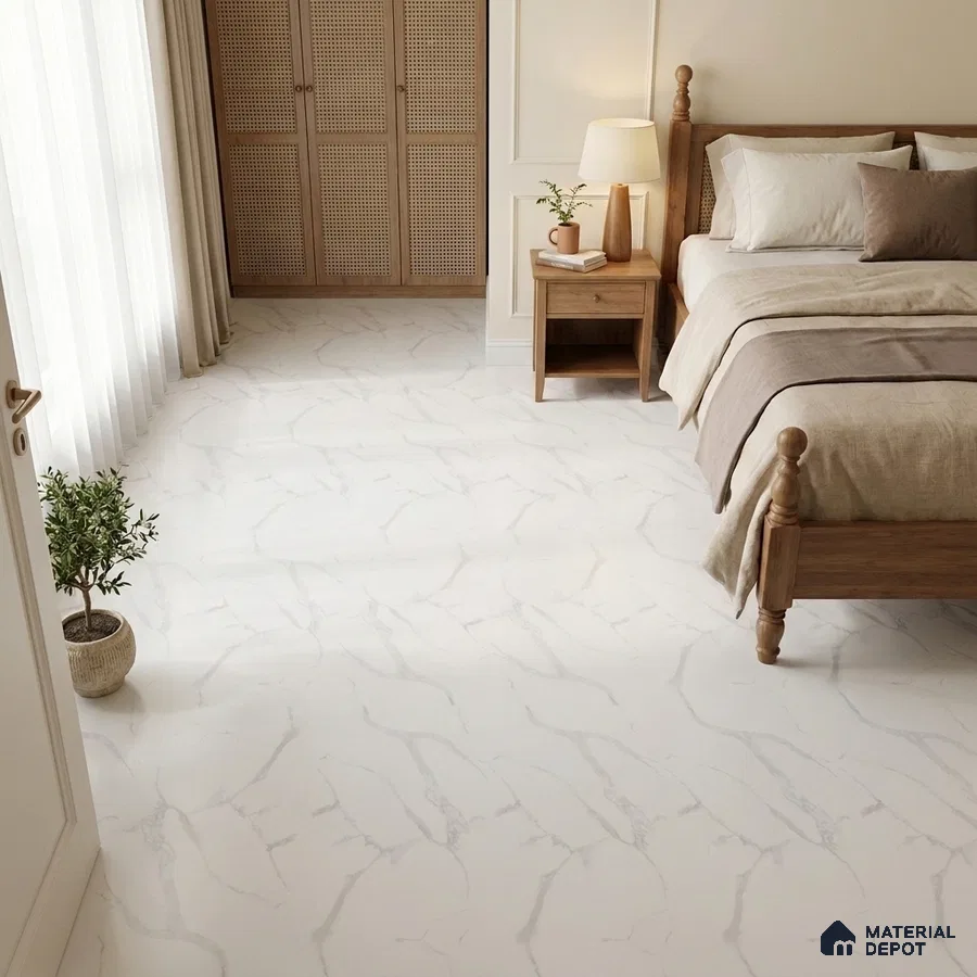 Minimalist Bedroom with Frosty White Matte Marble-Look Floor Tile