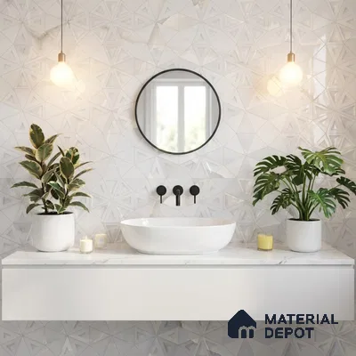 Minimalist bathroom with geometric white wall tiles and marble countertop vanity