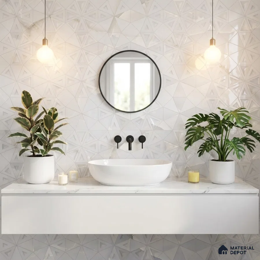 Minimalist bathroom with geometric white wall tiles and marble countertop vanity