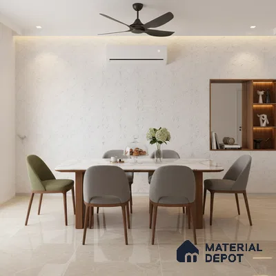 Minimalist dining room with marble tabletop, geometric white wall panels, and beige marble floor tiles