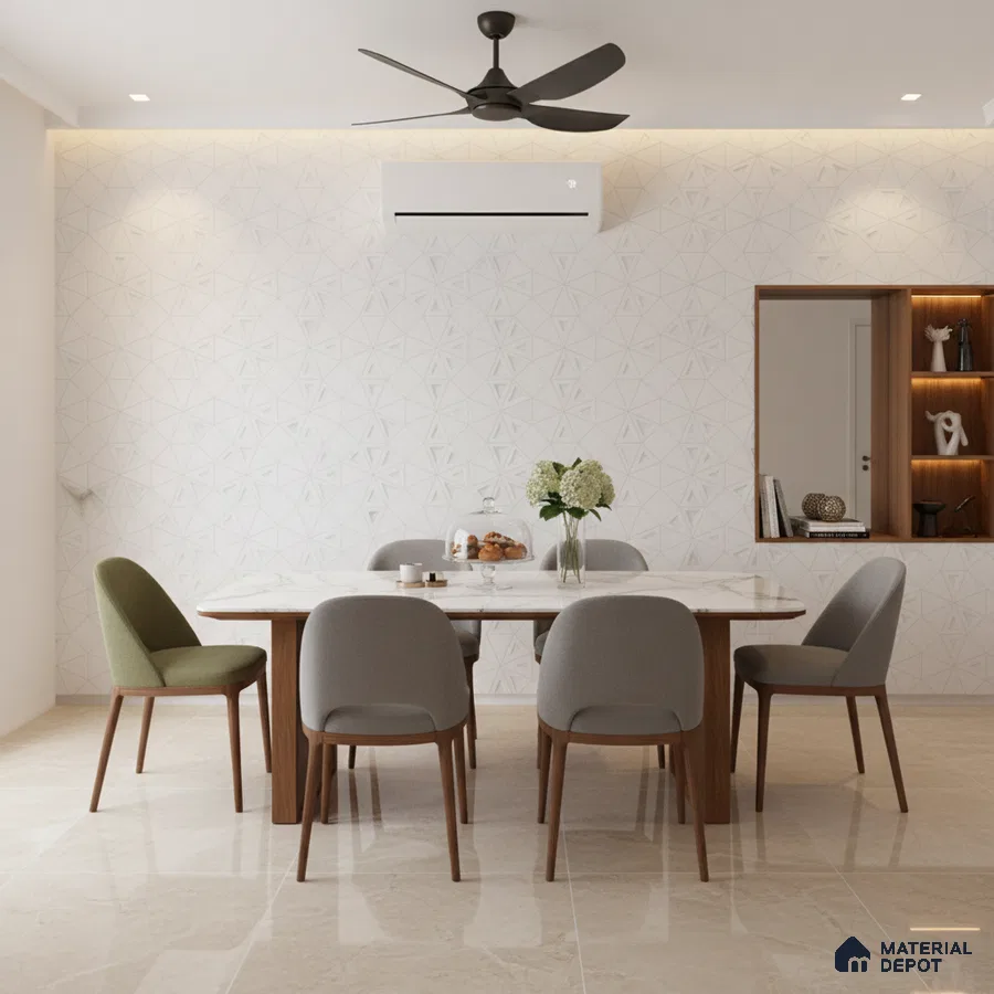 Minimalist dining room with marble tabletop, geometric white wall panels, and beige marble floor tiles