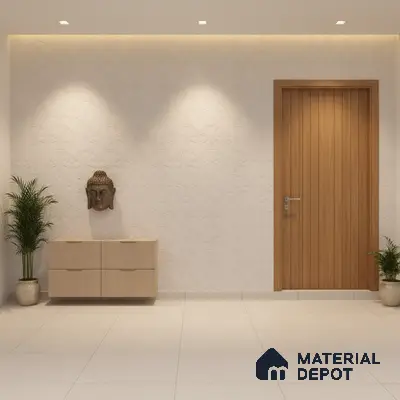 Minimalist foyer with geometric white wall tiles, light wood laminate door, and floating cabinet