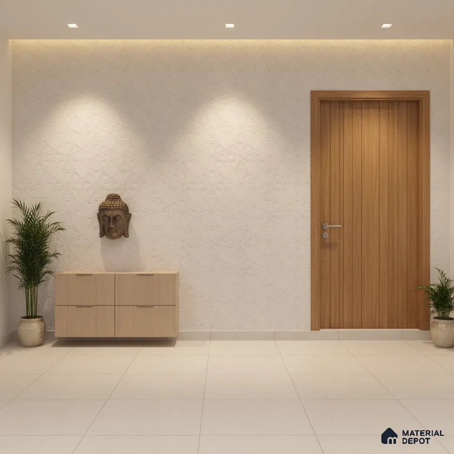 Minimalist foyer with geometric white wall tiles, light wood laminate door, and floating cabinet