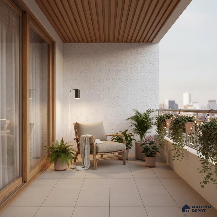 Scandinavian balcony with wooden ceiling louvers, textured white 3D wall panels, and beige floor tiles